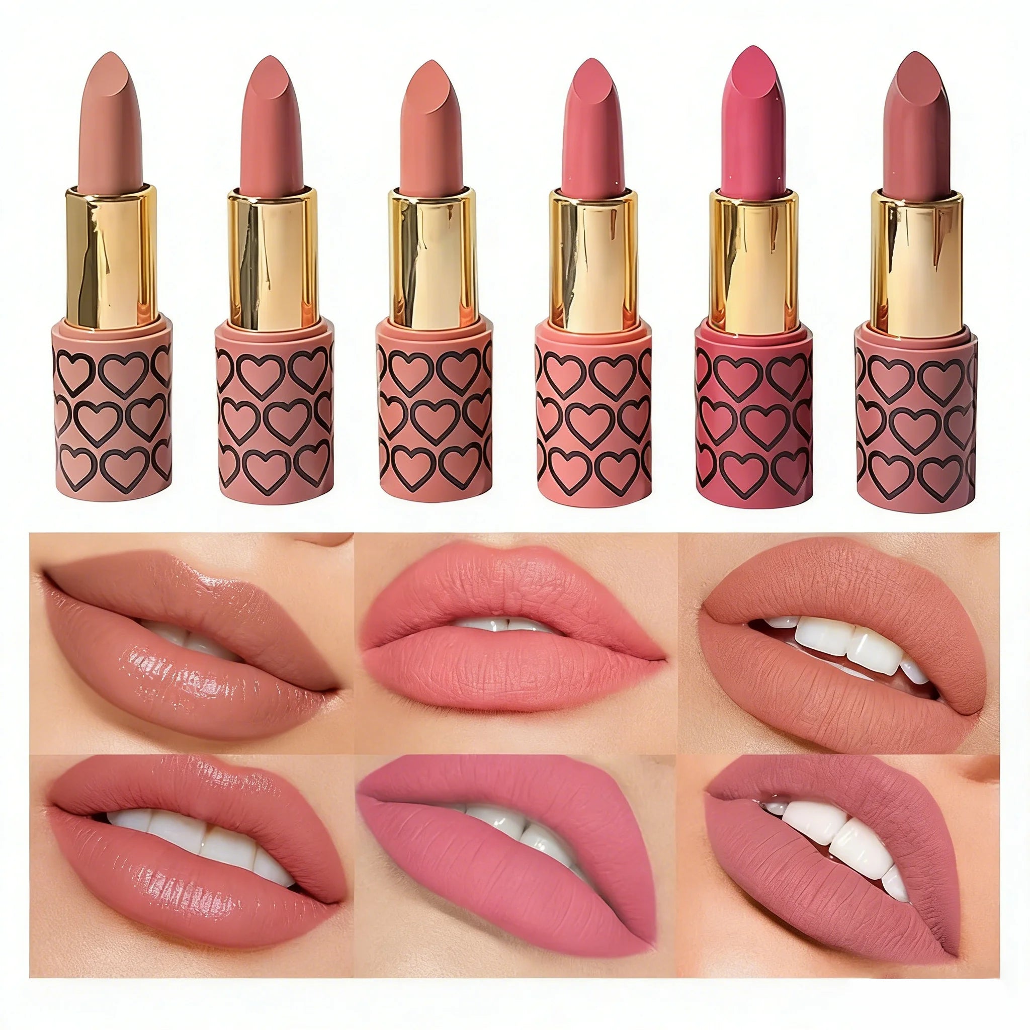 6 lipsticks matte nude box, raincoats, long hold, easy to apply, high pigmentation, do not stain cups, make-up set for lips, ideal as gift.