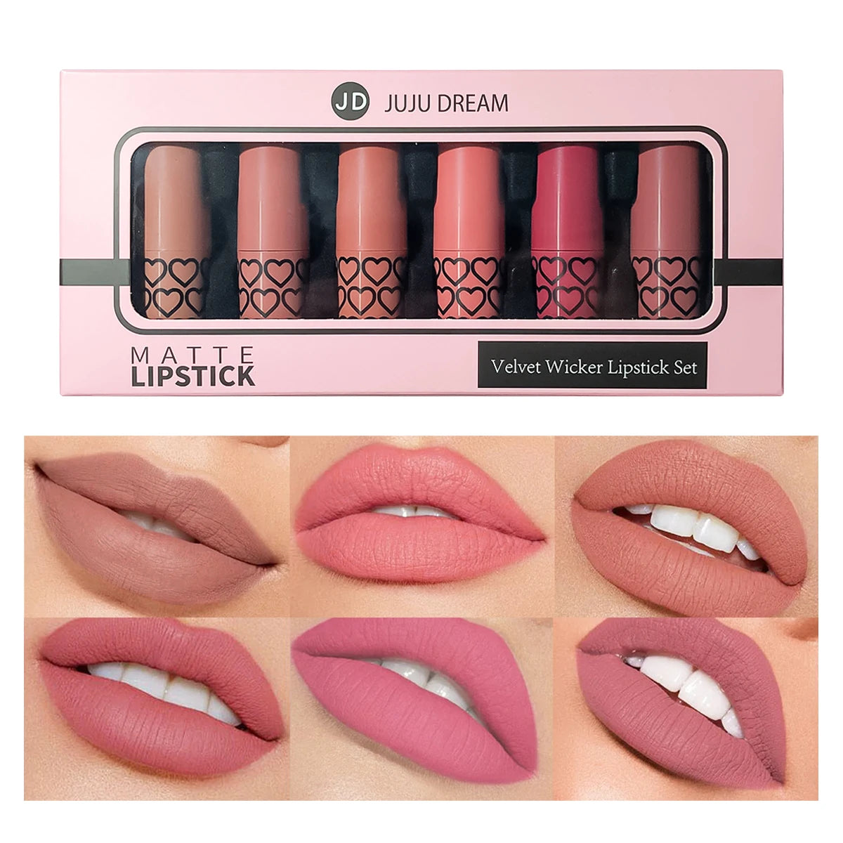 6 lipsticks matte nude box, raincoats, long hold, easy to apply, high pigmentation, do not stain cups, make-up set for lips, ideal as gift.
