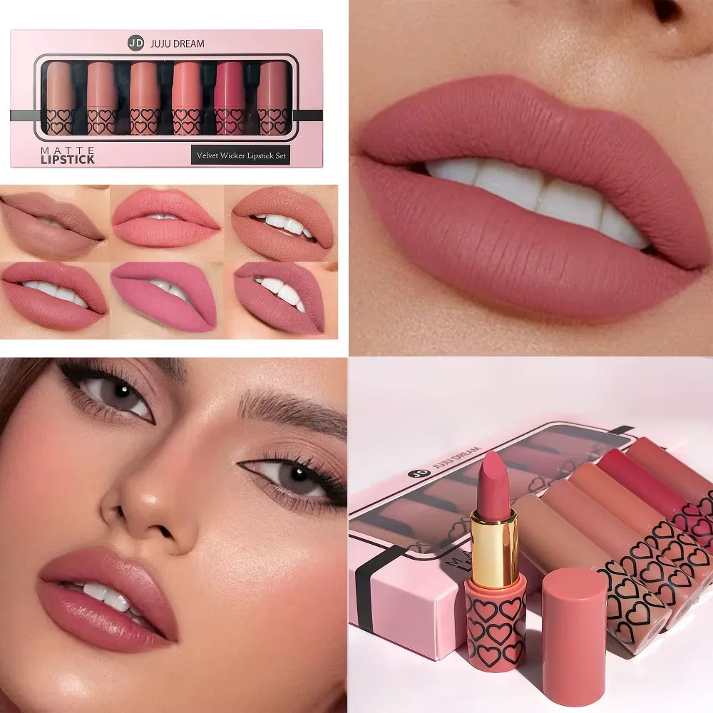 6 lipsticks matte nude box, raincoats, long hold, easy to apply, high pigmentation, do not stain cups, make-up set for lips, ideal as gift.