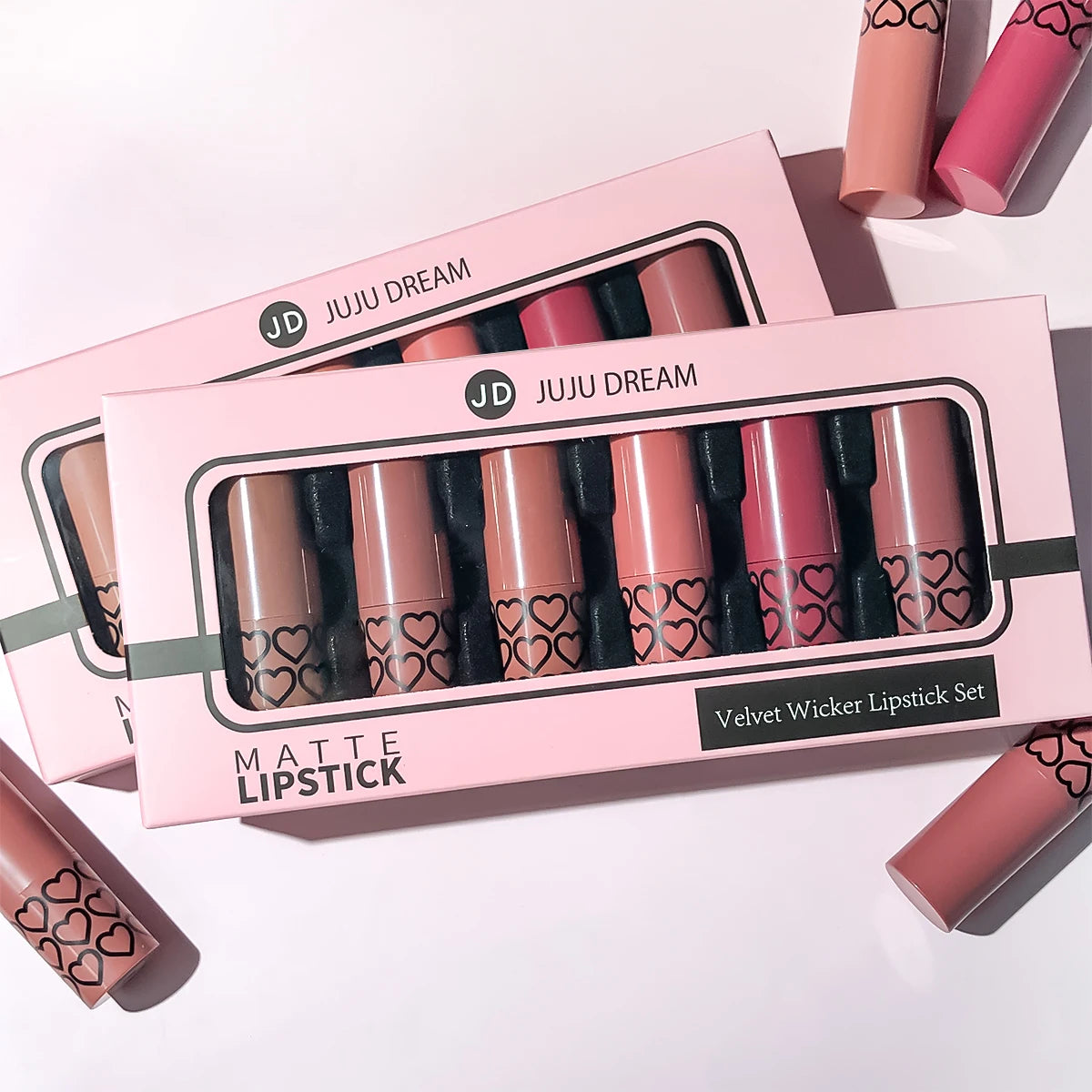 6 lipsticks matte nude box, raincoats, long hold, easy to apply, high pigmentation, do not stain cups, make-up set for lips, ideal as gift.