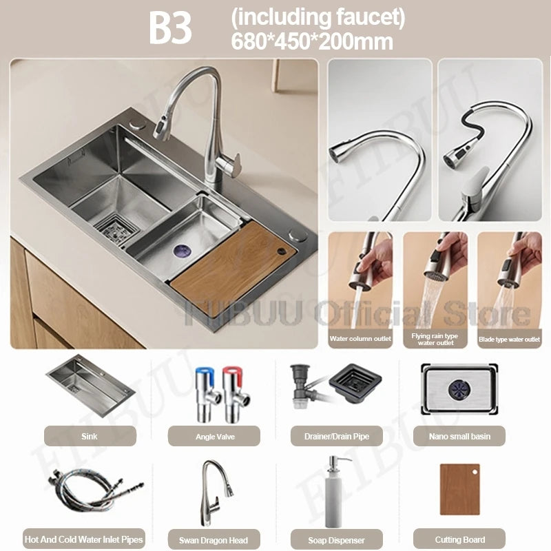 304 Stainless Steel Kitchen Sink Large Single Bowl Wash Basin Sink Undercounter Topmount Wear-Resistant Faucet Drain Accessories