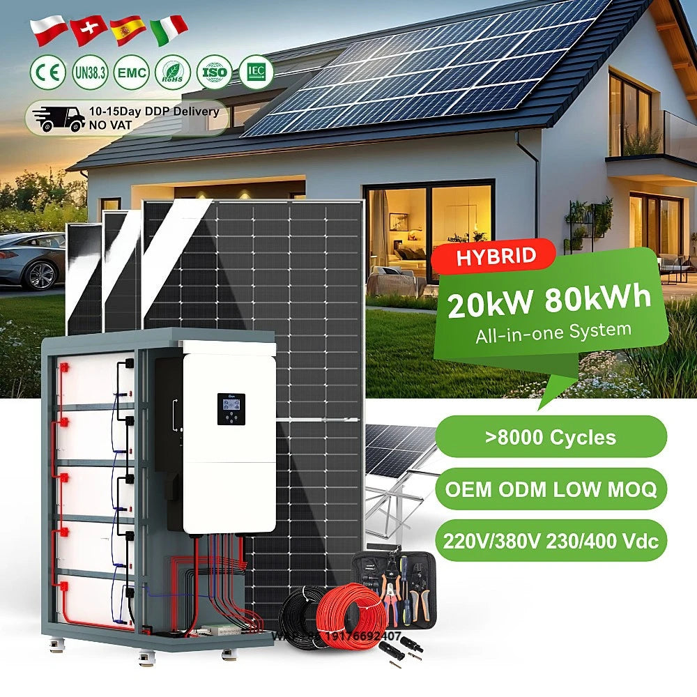 10kw 15kw 20kw 25kw Inverter All in One 50kwh 100kwh 200kwh Lithium Ion Battery Hybrid Home Solar Power System With Solar Panels