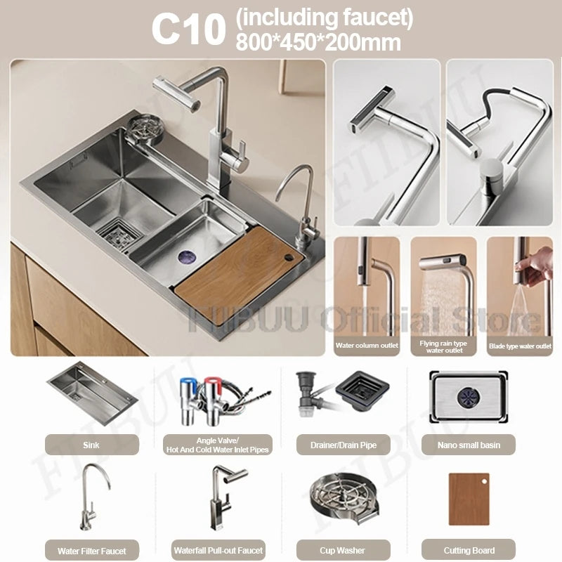 304 Stainless Steel Kitchen Sink Large Single Bowl Wash Basin Sink Undercounter Topmount Wear-Resistant Faucet Drain Accessories