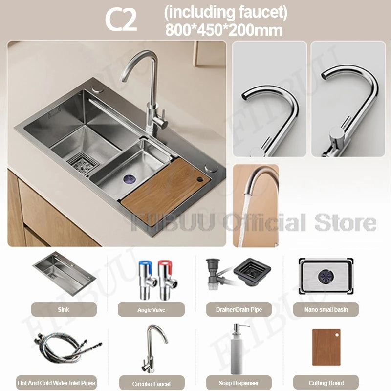 304 Stainless Steel Kitchen Sink Large Single Bowl Wash Basin Sink Undercounter Topmount Wear-Resistant Faucet Drain Accessories