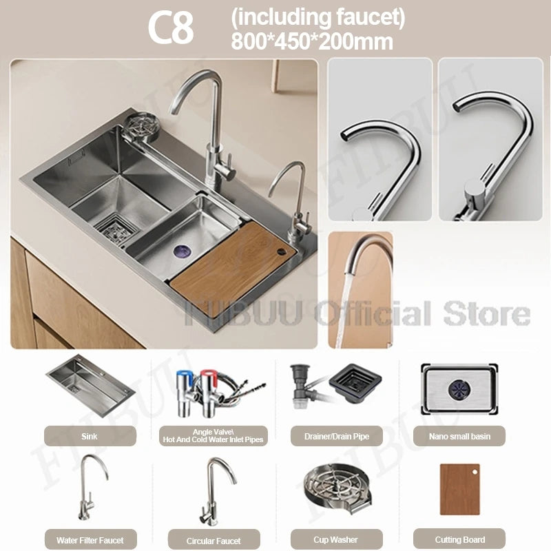 304 Stainless Steel Kitchen Sink Large Single Bowl Wash Basin Sink Undercounter Topmount Wear-Resistant Faucet Drain Accessories
