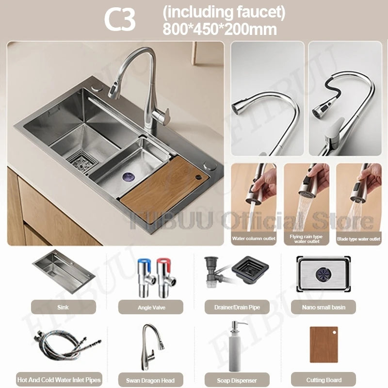 304 Stainless Steel Kitchen Sink Large Single Bowl Wash Basin Sink Undercounter Topmount Wear-Resistant Faucet Drain Accessories
