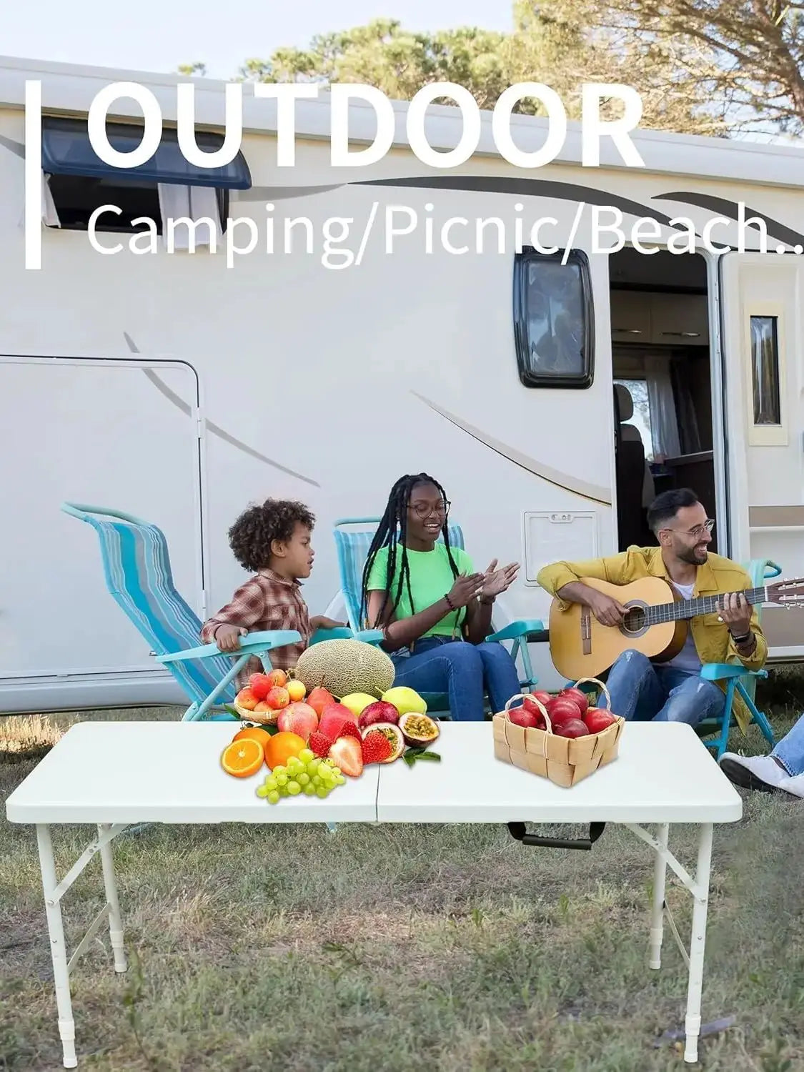 49" Heavy Duty Folding Trestle Table, Rectangle Portable Picnic Camping Table with Metal Frame, Adjustable Height, Waterproof 30