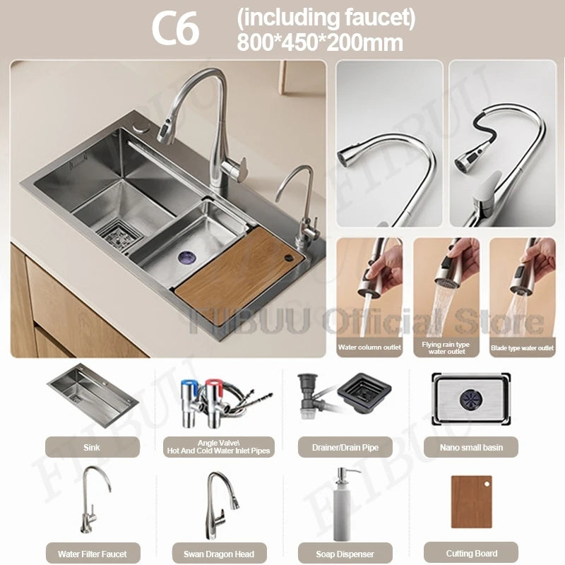 304 Stainless Steel Kitchen Sink Large Single Bowl Wash Basin Sink Undercounter Topmount Wear-Resistant Faucet Drain Accessories