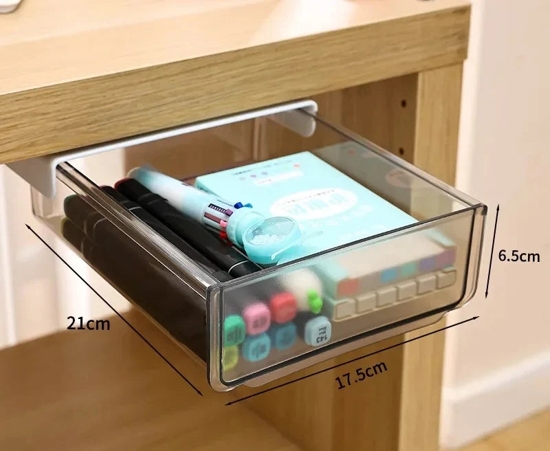 Clear Under Desk Hidden Drawer Office Storage Box Organizer Drawer Desk Supplies Holder Rack Memo Pen Stationery Storage Tray
