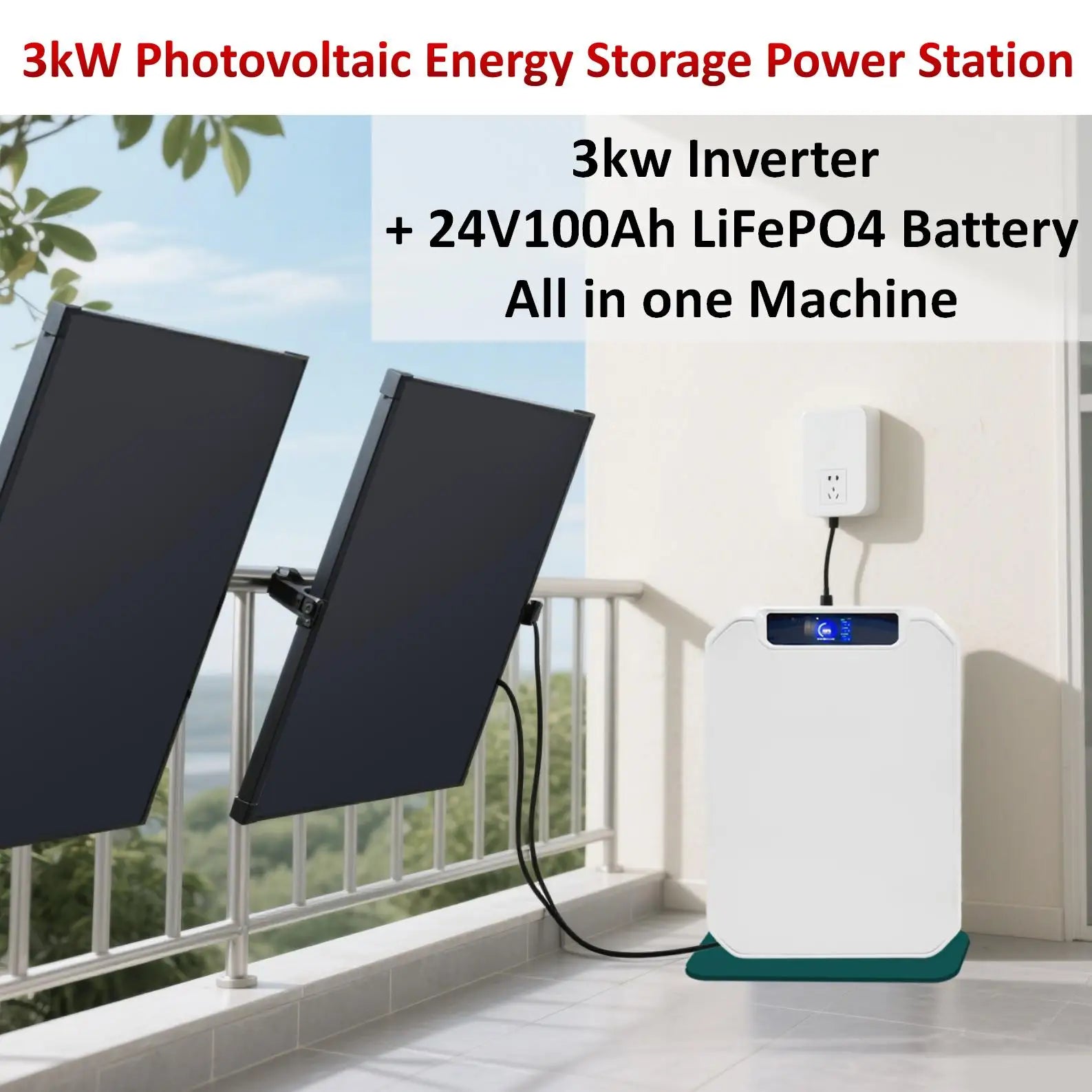 3000W Off Grid Photovoltaic Energy Storage Power Station, 3KW Inverter and 24V 100Ah LiFePO4 Battery All-in-one Machine