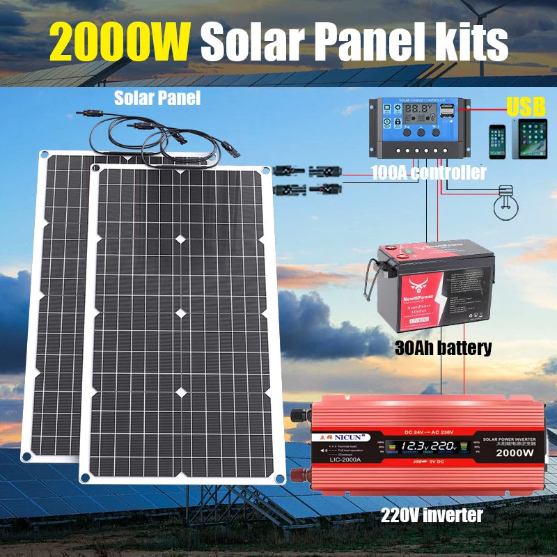 2000W Off-Grid Solar CompleteKit Power w/100A MPPT Controller,110V 220V Inverter&10AH 30AH LiFePO4 Battery for Home/RV/Camping