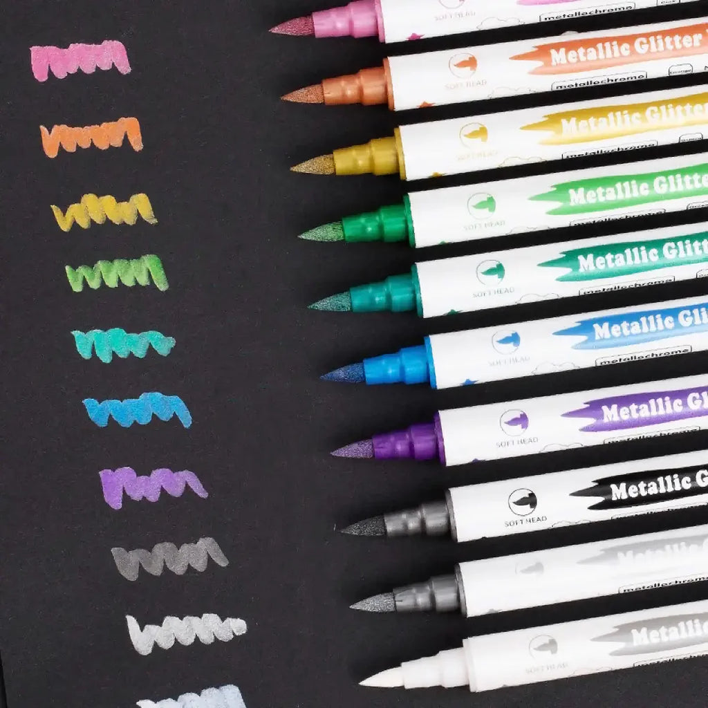 10pcs Metallic Dual Tip Marker Pens, with Brush And Fine nibs, For Album DIY, Black Cards, Scrapbooking, Craft Supplies