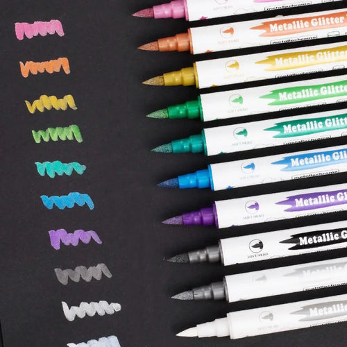 10pcs Metallic Dual Tip Marker Pens, with Brush And Fine nibs, For Album DIY, Black Cards, Scrapbooking, Craft Supplies