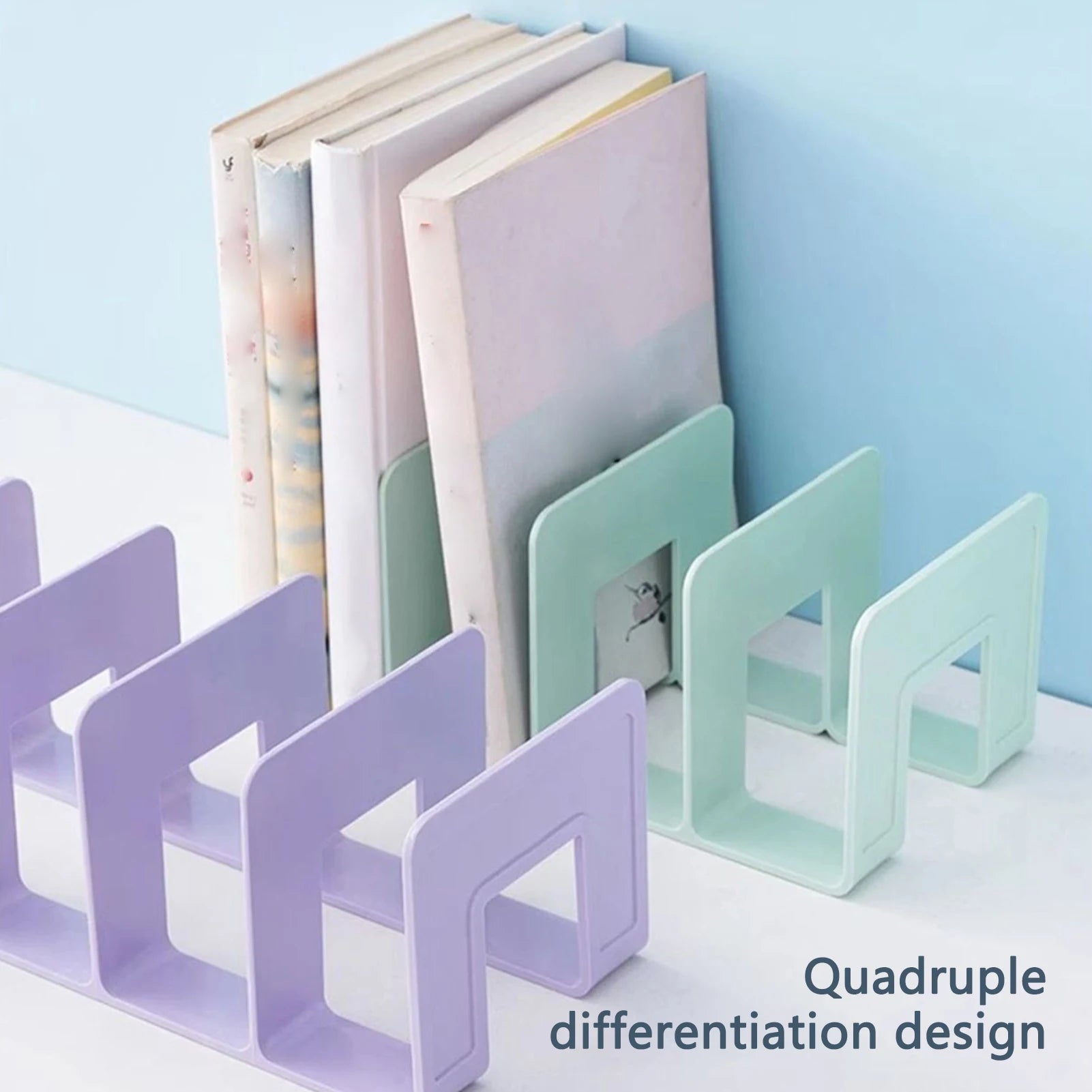 4 Compartments Rack Book Organizer ABS Bookends Stand Bookshelf Divider Book Paper Files Storage Rack for Home Office Classroom