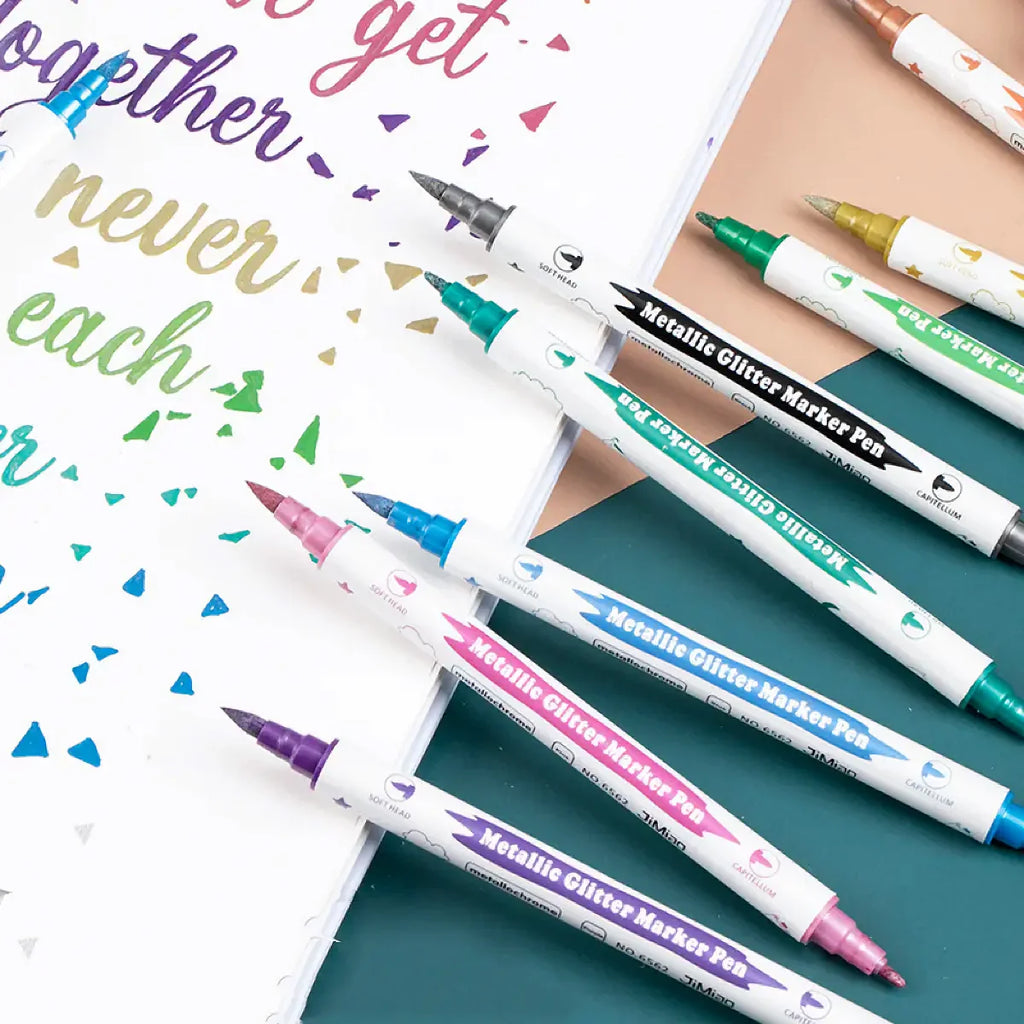 10pcs Metallic Dual Tip Marker Pens, with Brush And Fine nibs, For Album DIY, Black Cards, Scrapbooking, Craft Supplies