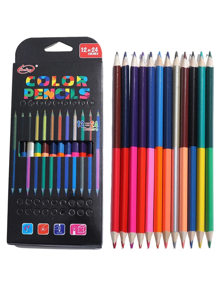 24 Colors Double Headed Pencils for Children Professional Drawing Sketching and Pastel Art Premium Student School Art Supplies