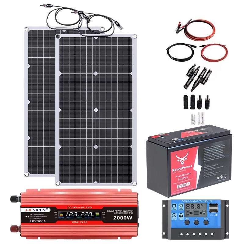 2000W Off-Grid Solar CompleteKit Power w/100A MPPT Controller,110V 220V Inverter&10AH 30AH LiFePO4 Battery for Home/RV/Camping