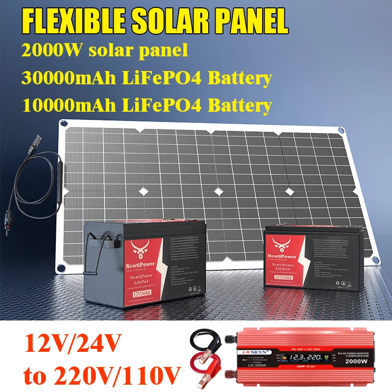 2000W Off-Grid Solar CompleteKit Power w/100A MPPT Controller,110V 220V Inverter&10AH 30AH LiFePO4 Battery for Home/RV/Camping