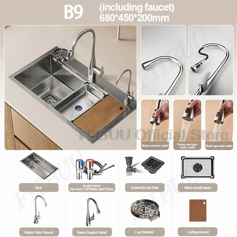 304 Stainless Steel Kitchen Sink Large Single Bowl Wash Basin Sink Undercounter Topmount Wear-Resistant Faucet Drain Accessories