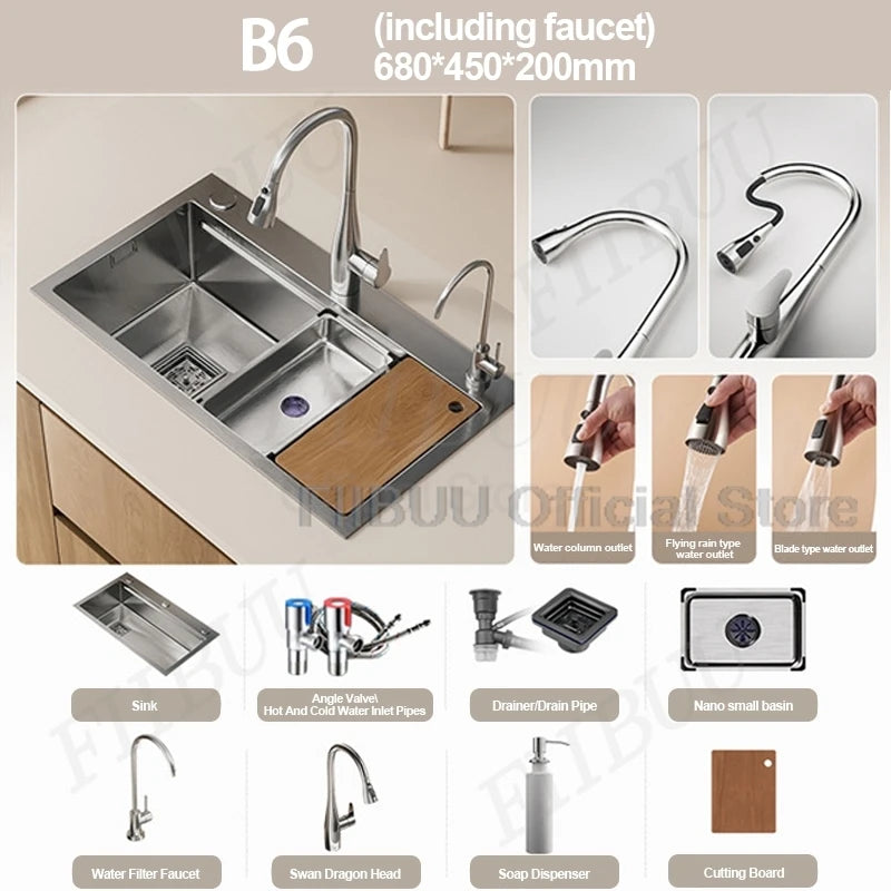 304 Stainless Steel Kitchen Sink Large Single Bowl Wash Basin Sink Undercounter Topmount Wear-Resistant Faucet Drain Accessories