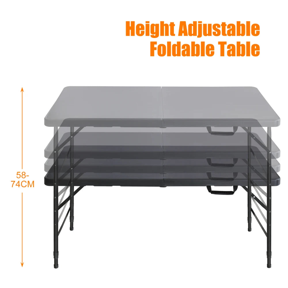 125cm Duty Adjustable Height Folding Table with Handle135KG Weight Capacity for Camping Picnic Parties Home  Indoor Outdoor