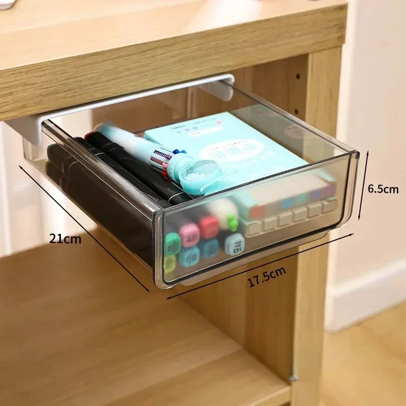 Clear Under Desk Hidden Drawer Office Storage Box Organizer Drawer Desk Supplies Holder Rack Memo Pen Stationery Storage Tray