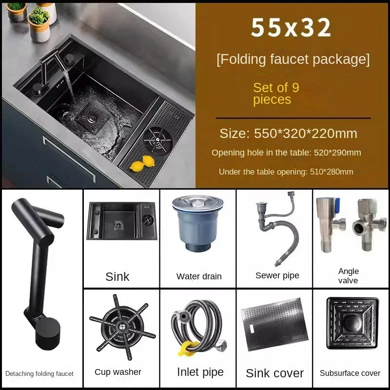 304 Stainless Steel Kitchen Sink Hidden with Foldable Faucet, Nano Undermount Sink Collapsible Tap Modern for Small Space RV