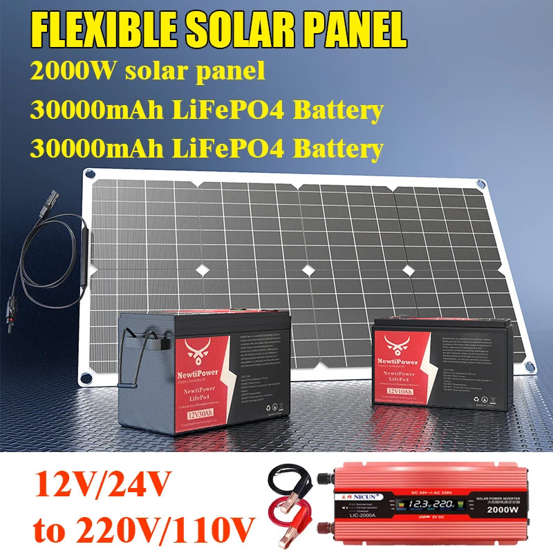 2000W Off-Grid Solar CompleteKit Power w/100A MPPT Controller,110V 220V Inverter&10AH 30AH LiFePO4 Battery for Home/RV/Camping