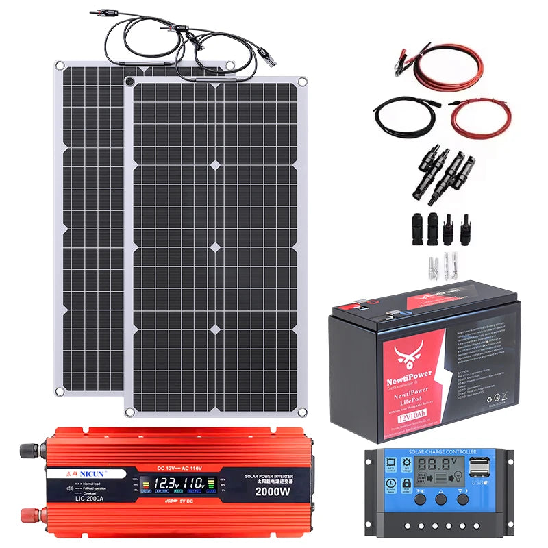 2000W Off-Grid Solar CompleteKit Power w/100A MPPT Controller,110V 220V Inverter&10AH 30AH LiFePO4 Battery for Home/RV/Camping