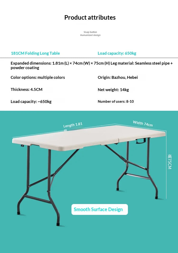 1.2M 1.5M 1.8M Height-Adjustable Folding Table Event Outdoor Camping Desk Garden Booth Party Long Table