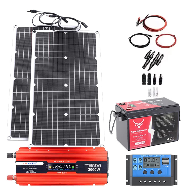 2000W Off-Grid Solar CompleteKit Power w/100A MPPT Controller,110V 220V Inverter&10AH 30AH LiFePO4 Battery for Home/RV/Camping