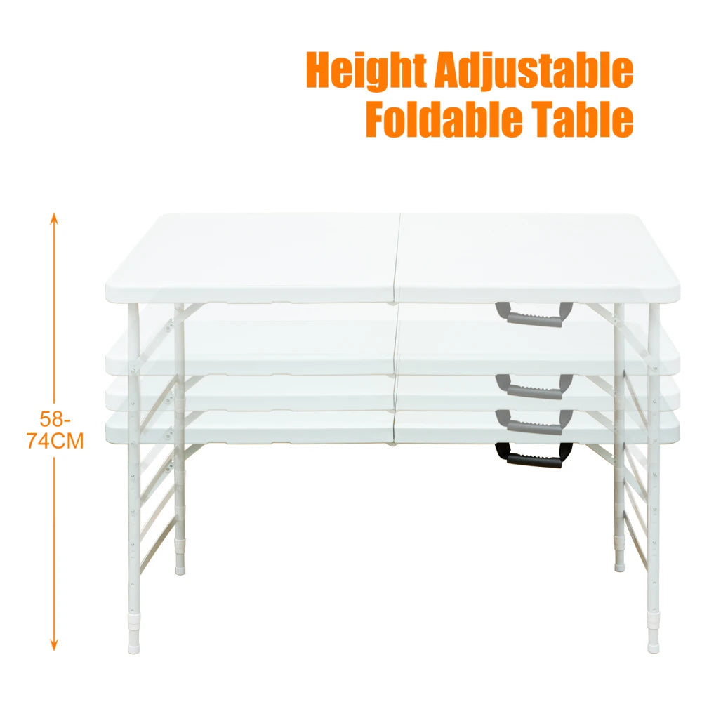 125cm Duty Adjustable Height Folding Table with Handle135KG Weight Capacity for Camping Picnic Parties Home  Indoor Outdoor