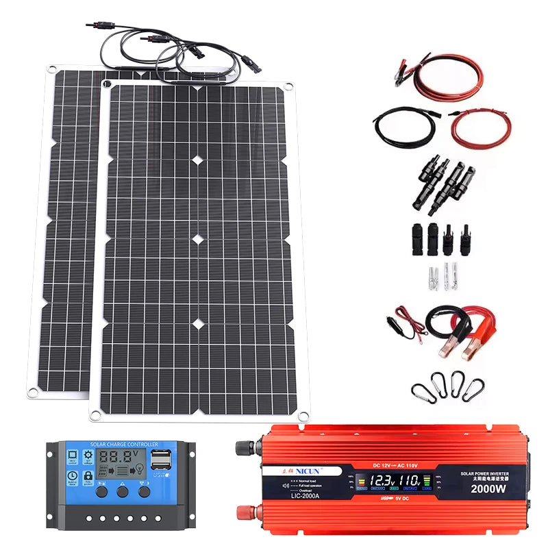 2000W Off-Grid Solar CompleteKit Power w/100A MPPT Controller,110V 220V Inverter&10AH 30AH LiFePO4 Battery for Home/RV/Camping
