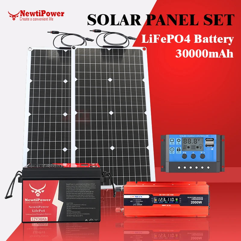 2000W Off-Grid Solar CompleteKit Power w/100A MPPT Controller,110V 220V Inverter&10AH 30AH LiFePO4 Battery for Home/RV/Camping