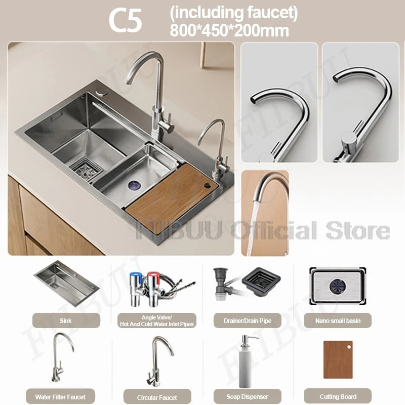 304 Stainless Steel Kitchen Sink Large Single Bowl Wash Basin Sink Undercounter Topmount Wear-Resistant Faucet Drain Accessories