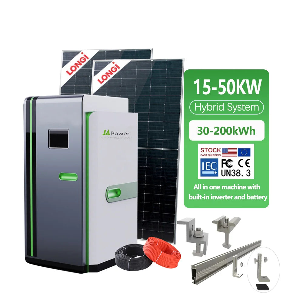 10kw 15kw 20kw 25kw Inverter All in One 50kwh 100kwh 200kwh Lithium Ion Battery Hybrid Home Solar Power System With Solar Panels