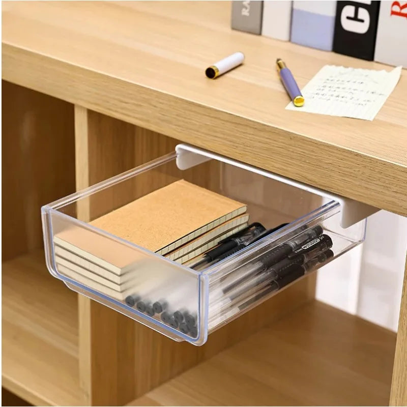 Clear Under Desk Hidden Drawer Office Storage Box Organizer Drawer Desk Supplies Holder Rack Memo Pen Stationery Storage Tray