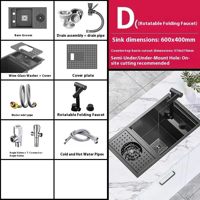 304 Stainless Steel Kitchen Sink Hidden with Foldable Faucet, Nano Undermount Sink Collapsible Tap Modern for Small Space RV